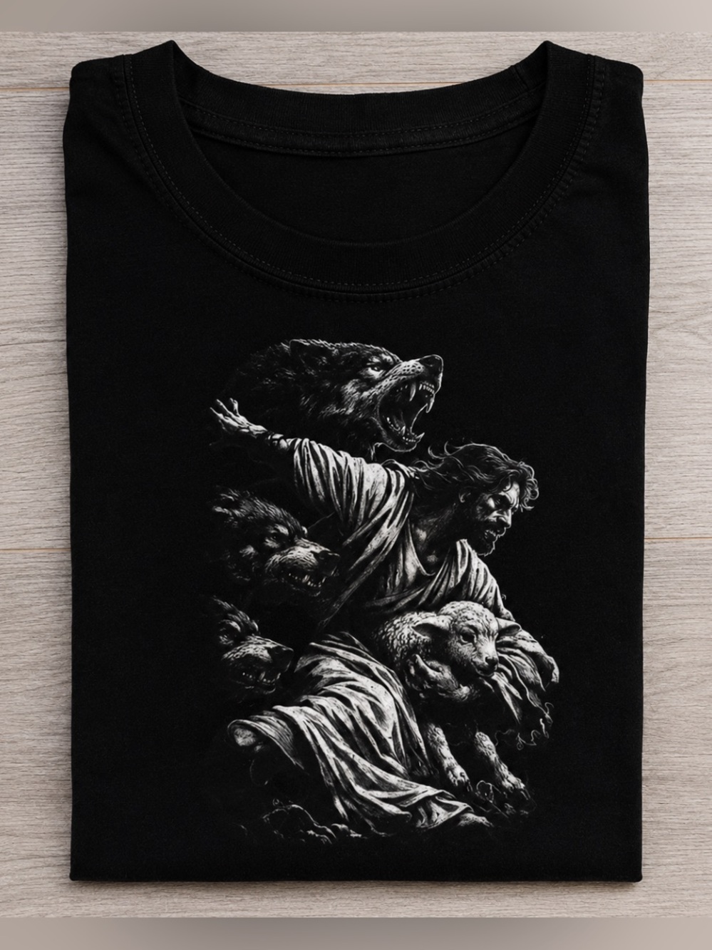 Black Jesus Graphic Crewneck T-Shirt with Mythic Animal Design